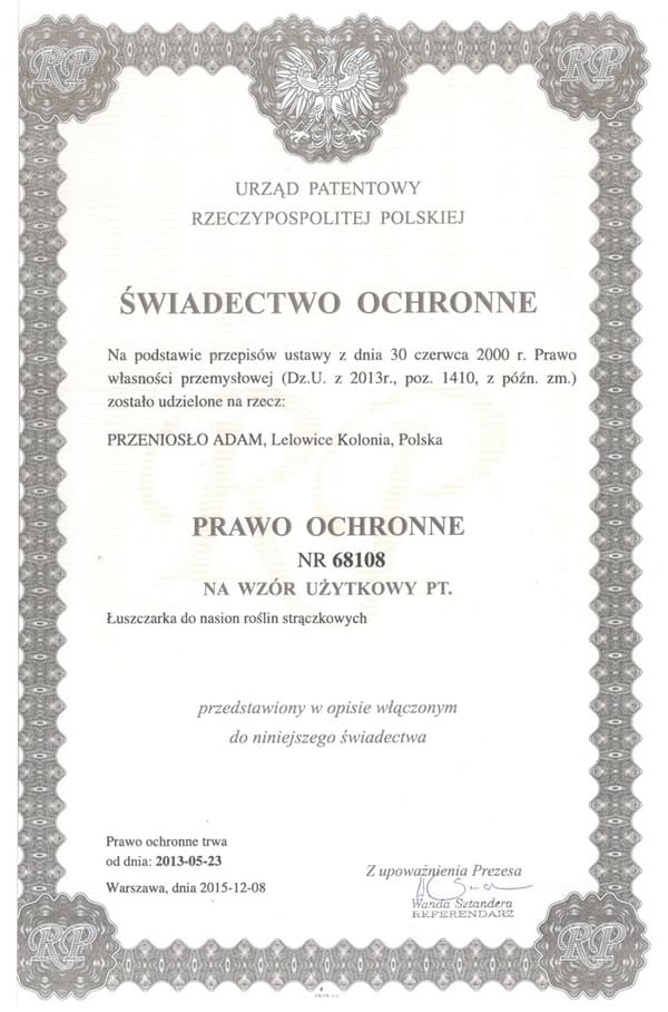świadectwo ochronne sadzarek do czosnku